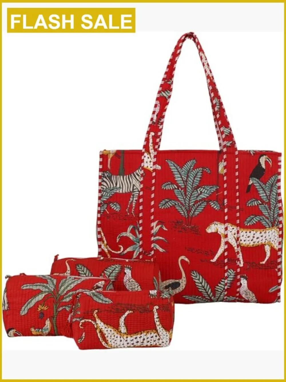 Women's Lightweight Travel Tote Bag Set with 3 Matching Pouches Cotton Shoulder